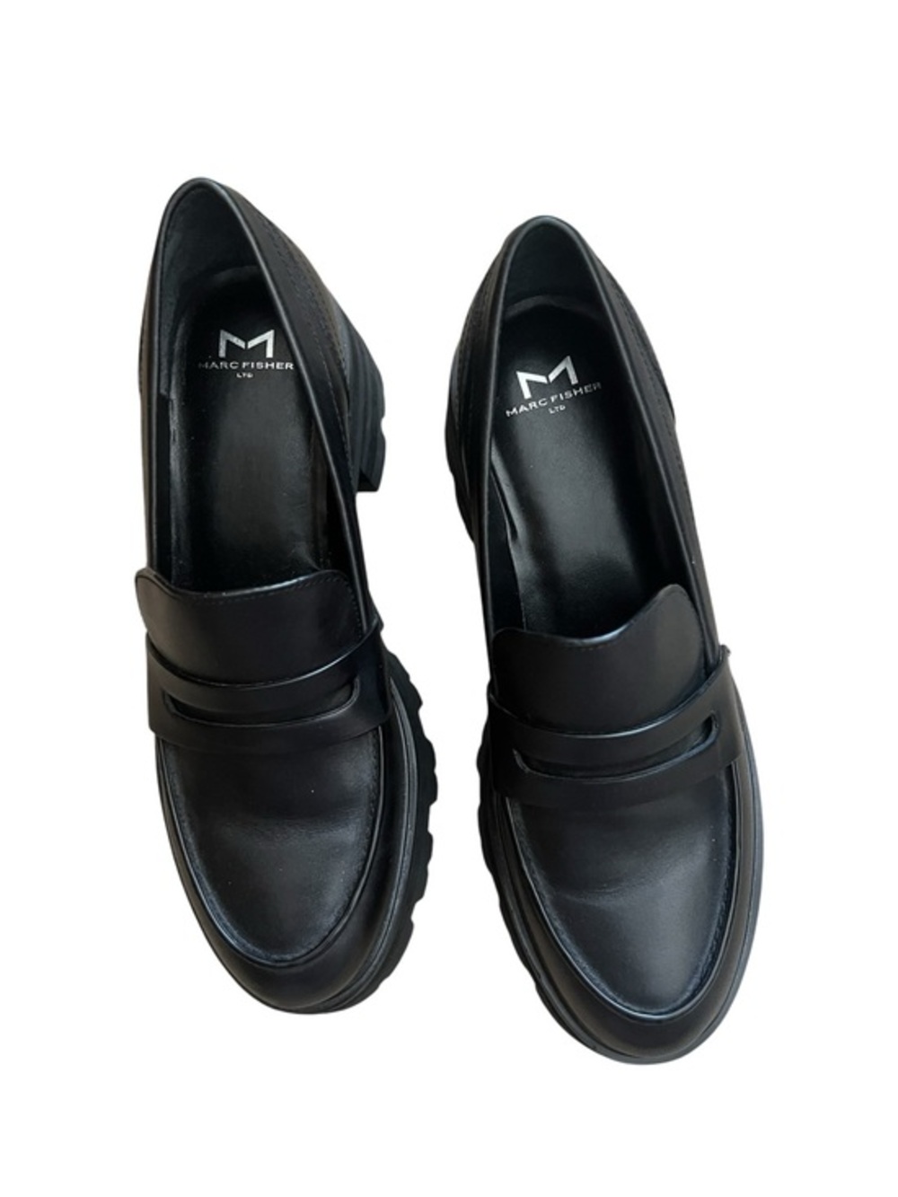 NWOB MARC FISHER MORRIS BLACK LEATHER LUG PLATFORM PENNY LOAFER